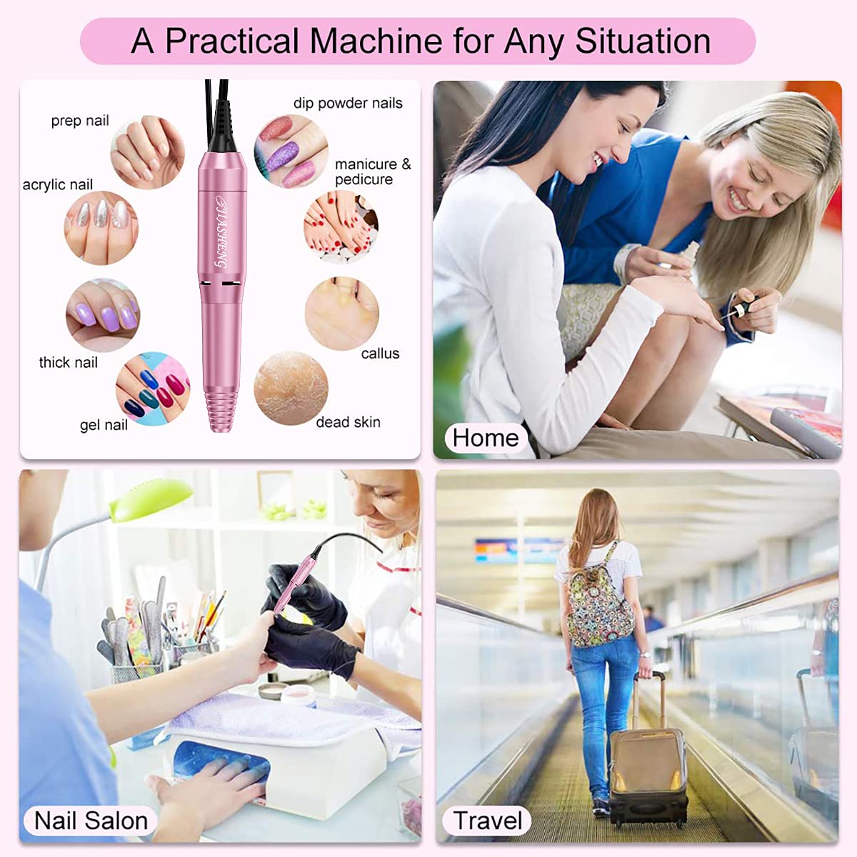 20000RPM Electric Nail Drill Professional Nail File Drill Acrylic Nails Kit for Manicure Gel Nail Polish Remover with 1 Pack of Sanding Bands(Pink)