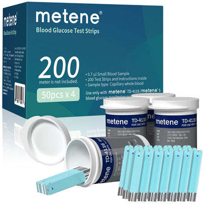 Metene TD-4116 Blood Glucose Test Strips, 200 Count Test Strips for Diabetes, Use with metene TD-4116 and metene S Blood Glucose Monitor Only(No Monitor)