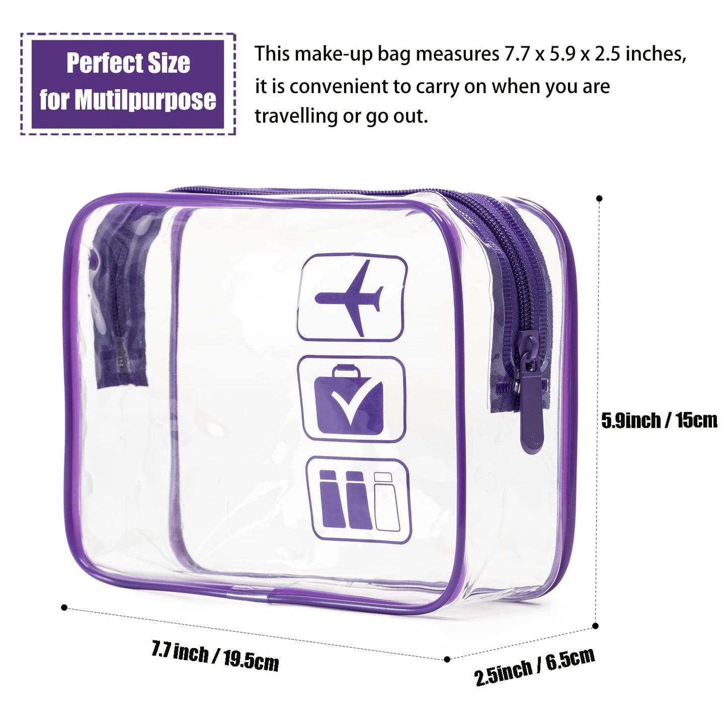 MODENGKONGJIAN TSA Approved Toiletry Bag, 3 Pcs Clear Toiletries Bags Quart Size Travel Makeup Cosmetic Bag for Women Men, Carry on Airport Airline Compliant Bag (Purple)