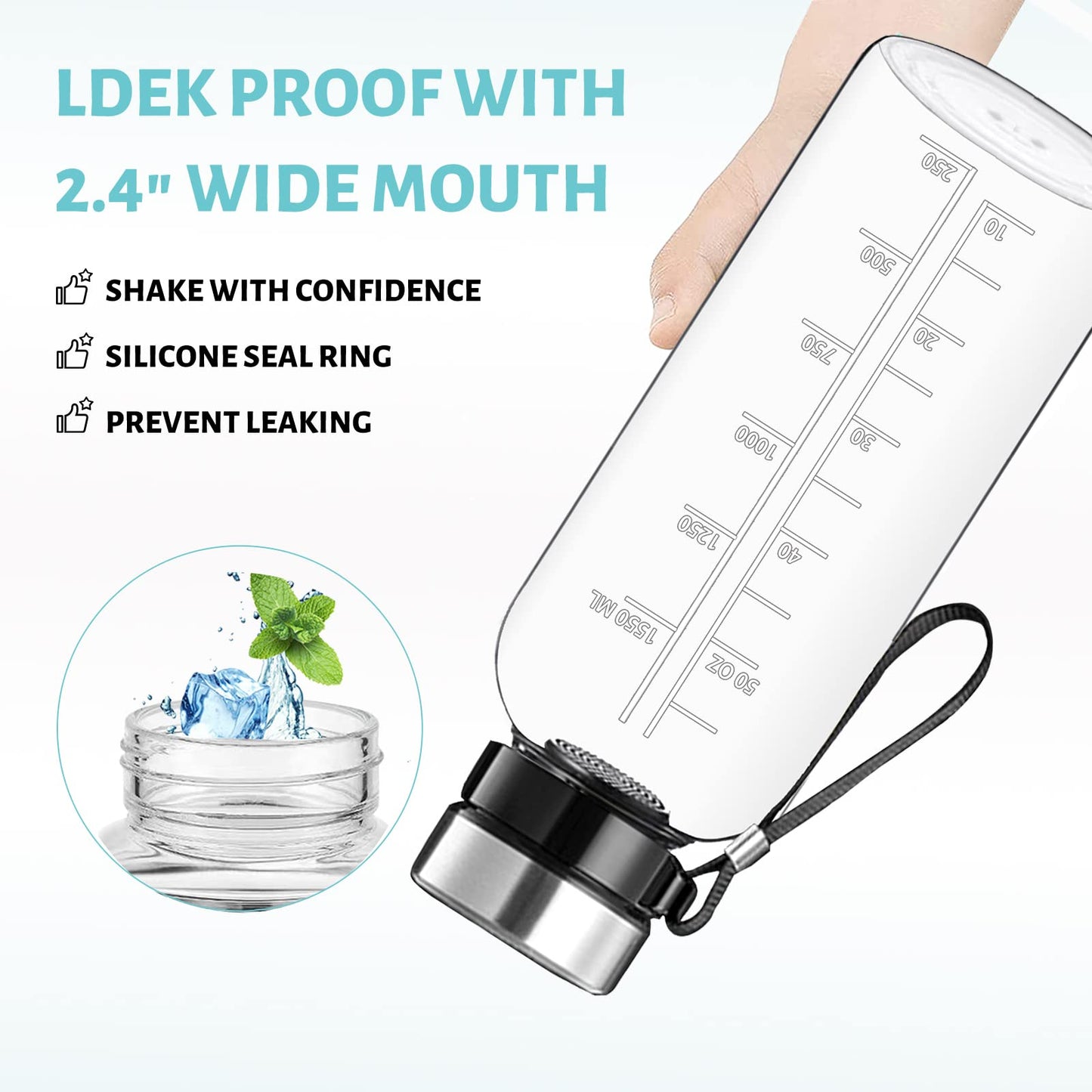 RNCKUUE 64 OZ Glass Water Bottle - Large Resuable Borosilicate Wide Mouth Glass Drinking Bottles With Time Mark, Sleeve, BPA Free