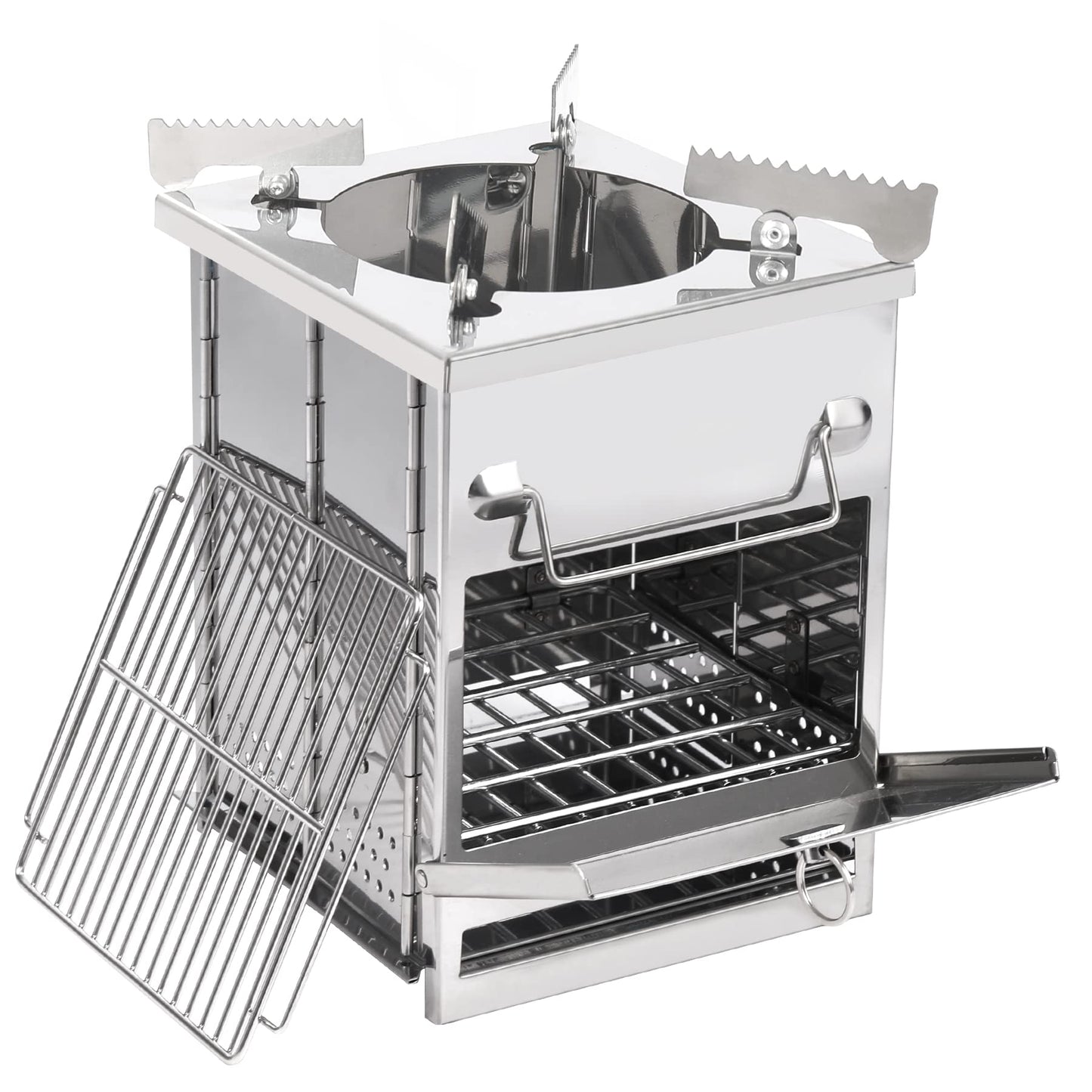 REDCAMP Wood Burning Folding Camp Stove Stainless Steel Grill and Pot Stand, Portable Collapsible Backpacking Stove Survival Rocket Stove for Hiking Outdoor Tent Camping Picnic, Largel with Pot Stand