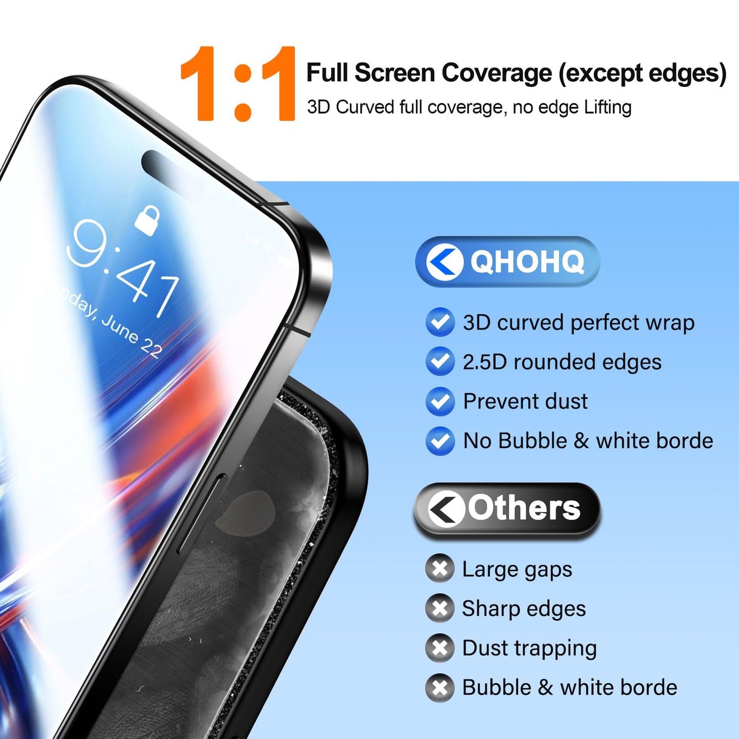 QHOHQ 3 Pack Screen Protector for iPhone Air + 3 Pack Camera Lens Protector, 9H+ Shatterproof Tempered Glass for iPhone 17 Air, [12FT Military Grade Protection], 1-Second Auto-Install, Case Friendly
