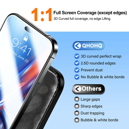 QHOHQ 3 Pack Screen Protector for iPhone Air + 3 Pack Camera Lens Protector, 9H+ Shatterproof Tempered Glass for iPhone 17 Air, [12FT Military Grade Protection], 1-Second Auto-Install, Case Friendly