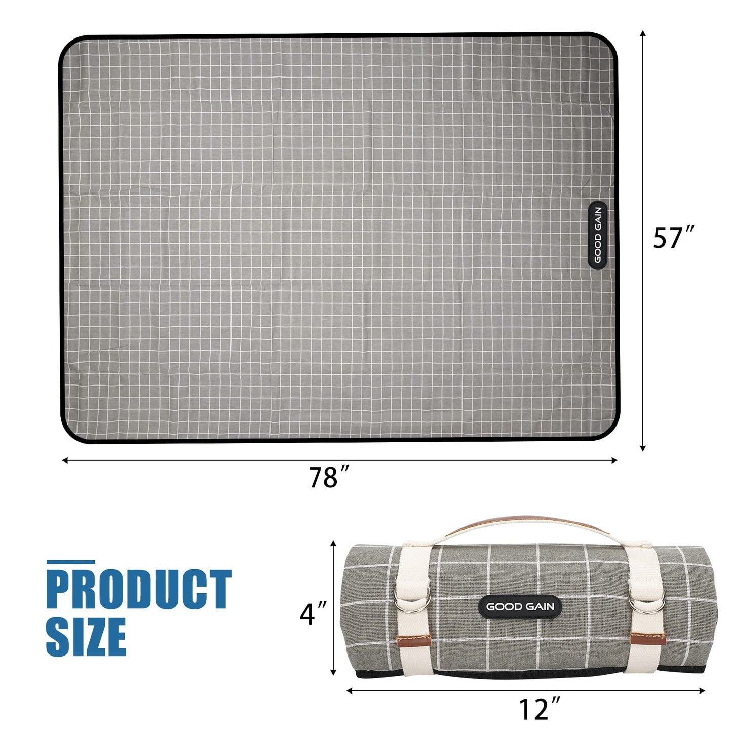 Picnic Outdoor Blankets Waterproof Extra Large - Beach Mat Sand Free Foldable with Carry Strap | Portable Camping Blanket | Park Blanket for Grass Park, Hiking, Travel, Concerts, Indoor (Grey Check)