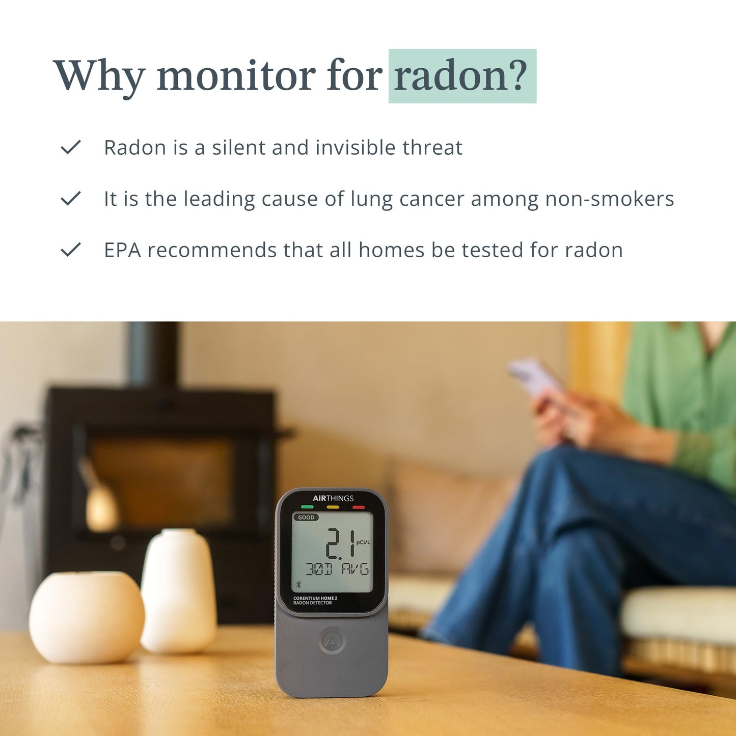 Airthings 325 Corentium Home 2 Smart Digital Radon Detector - Portable and Easy-to-use Radon Testing with Bluetooth connectivity and Humidity & Temperature Sensors