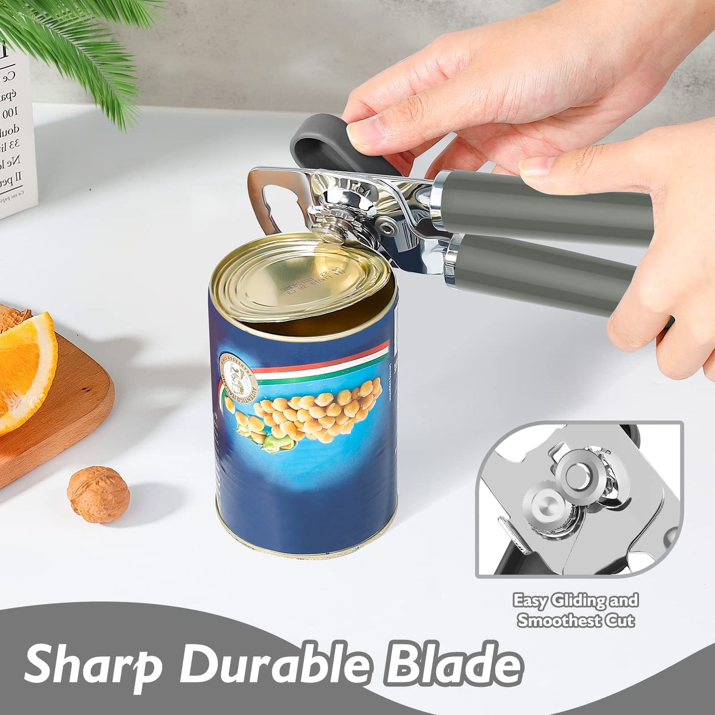 Mebotem 10 Colors Can Opener Manual Handheld Heavy Duty Hand Can Opener Smooth Edge Stainless Steel Can Openers Top Lid Kitchen Gadgets, Best Large Rated Easy Turn Knob, with Bottle Opener, Gray