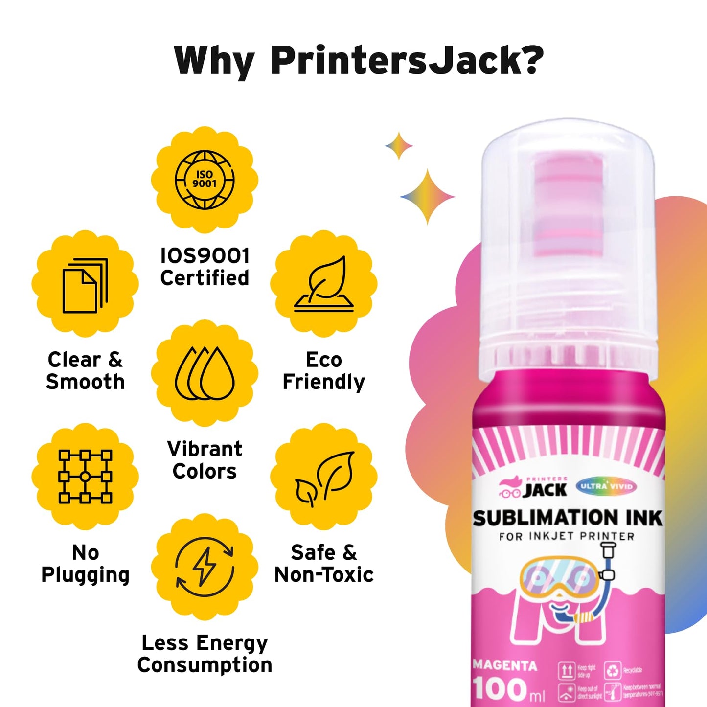Printers Jack 600ML Sublimation Ink for ET-8550 ET-8500 Wide-Format Supertank Printers Heat Press Transfer on T-Shirt (6x100ML, 6 Colors-BK PB CM Y GY) Bigger Bottles with More Ink Auto Fill the Tanks