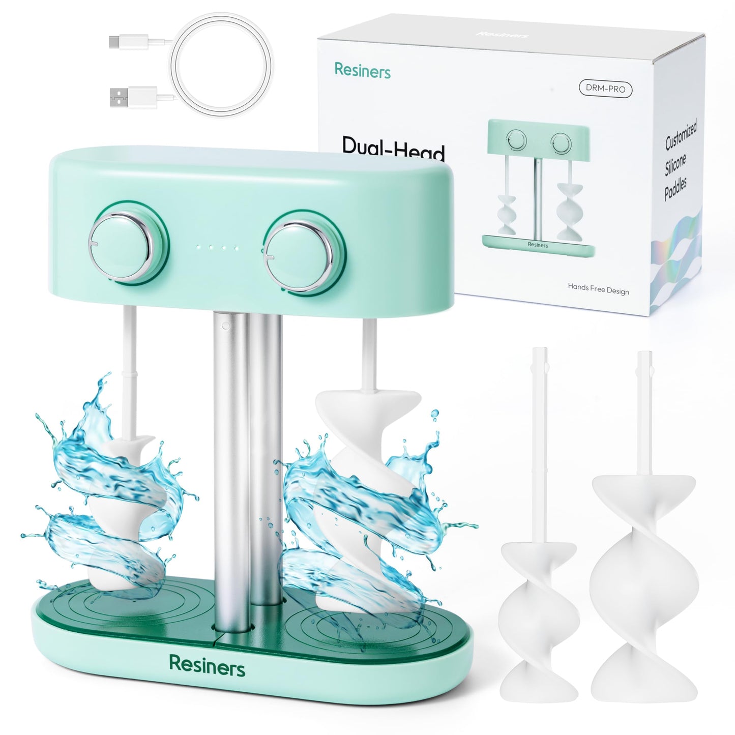 Resiners Dual-Head Resin Mixer with Spiral Silicone Paddles, Rechargeable Epoxy Mixer, Stepless Speed & Minimum Bubbles, Electric Stirrer for Resin,Silicone,Paint Mixing,Resin Tools,DIY Crafts