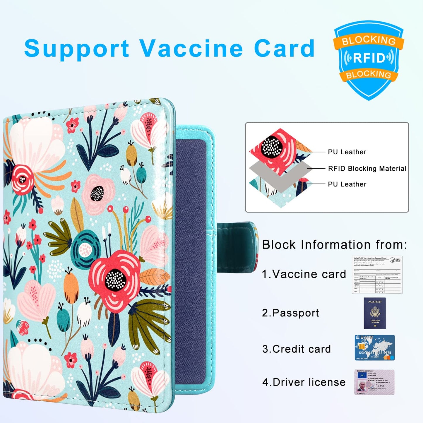 ACdream Unisex Faux Leather Passport and Vaccine Card Holder, RFID Blocking, Z-Flower, 20 x 3.5 x 2.5 in