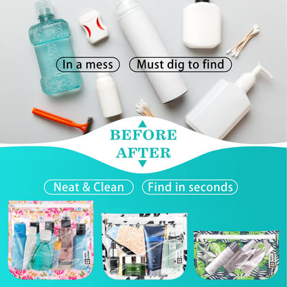 HIONXMGA TSA Approved Toiletry Bag, Set of 3 Clear Travel Toiletry Bag Quart Size Zipper Travel Pouch, Waterproof Makeup Cosmetic Bag for Women Men Kids Toiletries Carry on, Cacti A