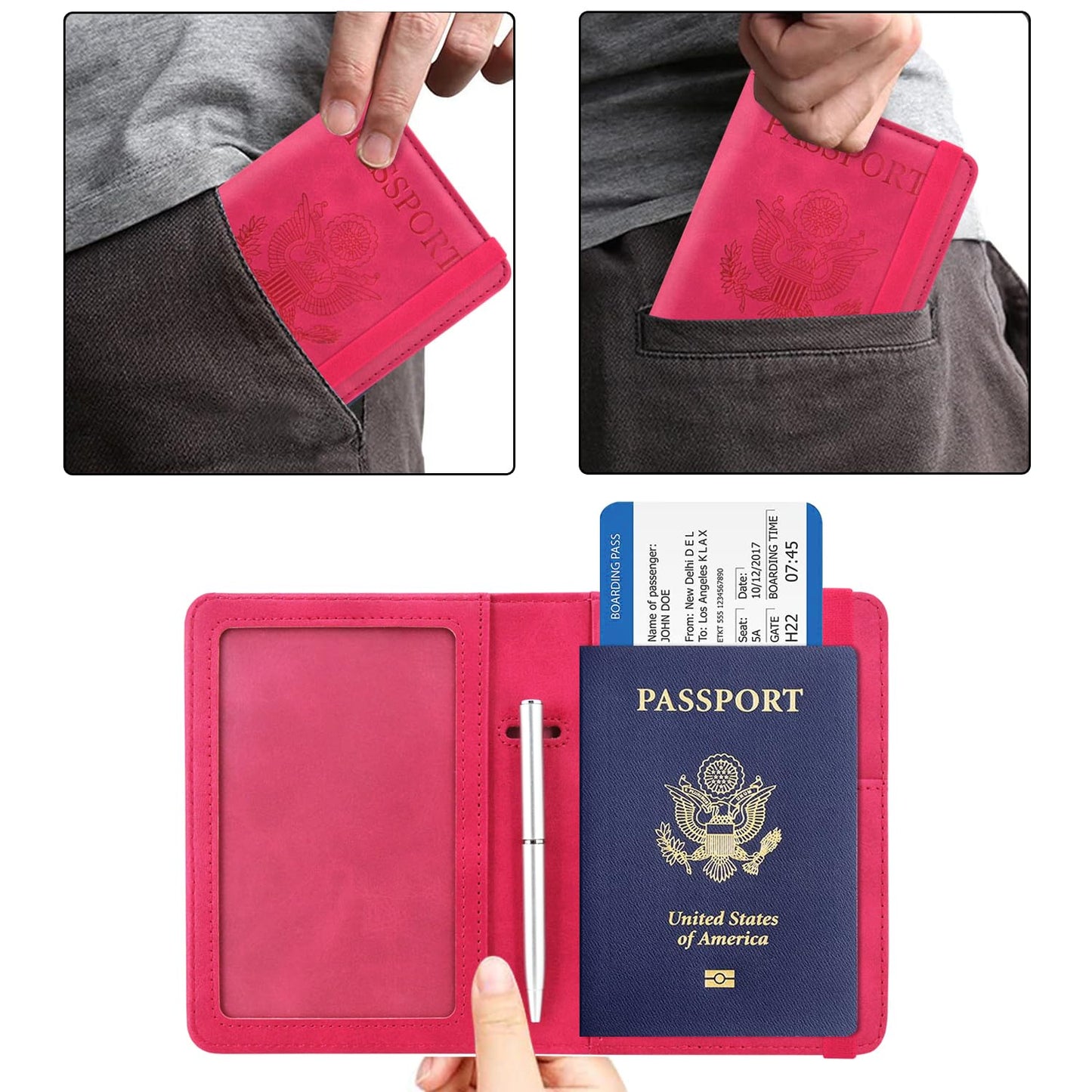 ACdream RFID BLOCKING Passport Holder Travel Wallet - Premium PU Leather Cover Passport book with Card Holder, Pen Slot, Keep Organization, and Travel Essentials for Women and Men,Hot Pink