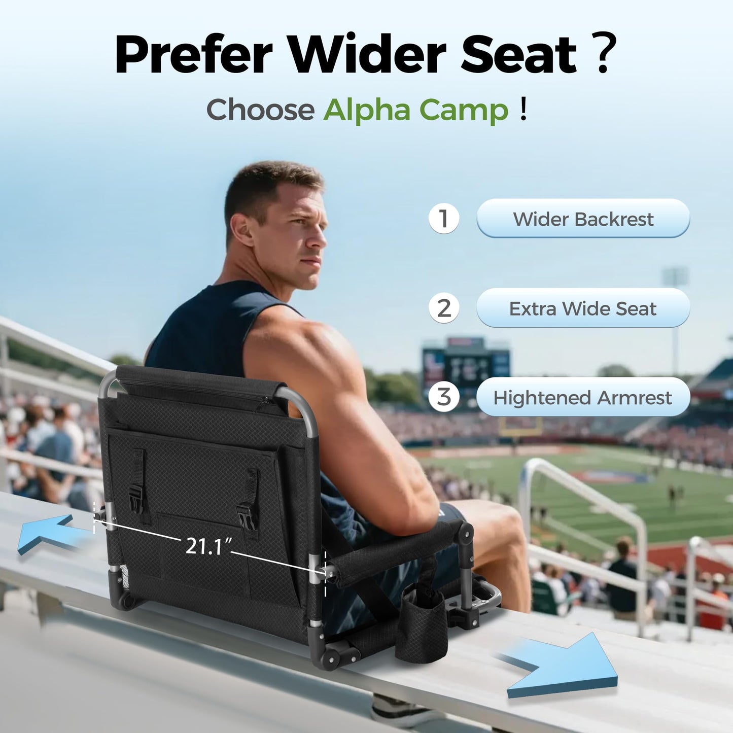 ALPHA CAMP 2 Packs Stadium Seat Chair for Bleachers with Back & Arm Rest, Black Grey