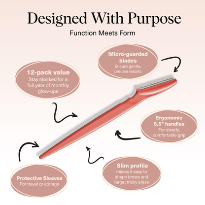 Kitsch Dermaplane Razor for Women Face - Face Razors for Women and Men - Eyebrow Trimmer, Shaver, Recycled Plastic Dermaplaning and Skin Care Tool - Coral, 12 pcs