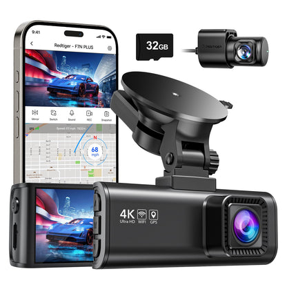 REDTIGER Dash Cam Front Rear, 4K/2.5K Full HD Dash Camera for Cars, Included 32GB Card, Built-in Wi-Fi GPS, 3.16” IPS Screen, Night Vision, 170°Wide Angle, WDR, 24H Parking Mode(F7NP)