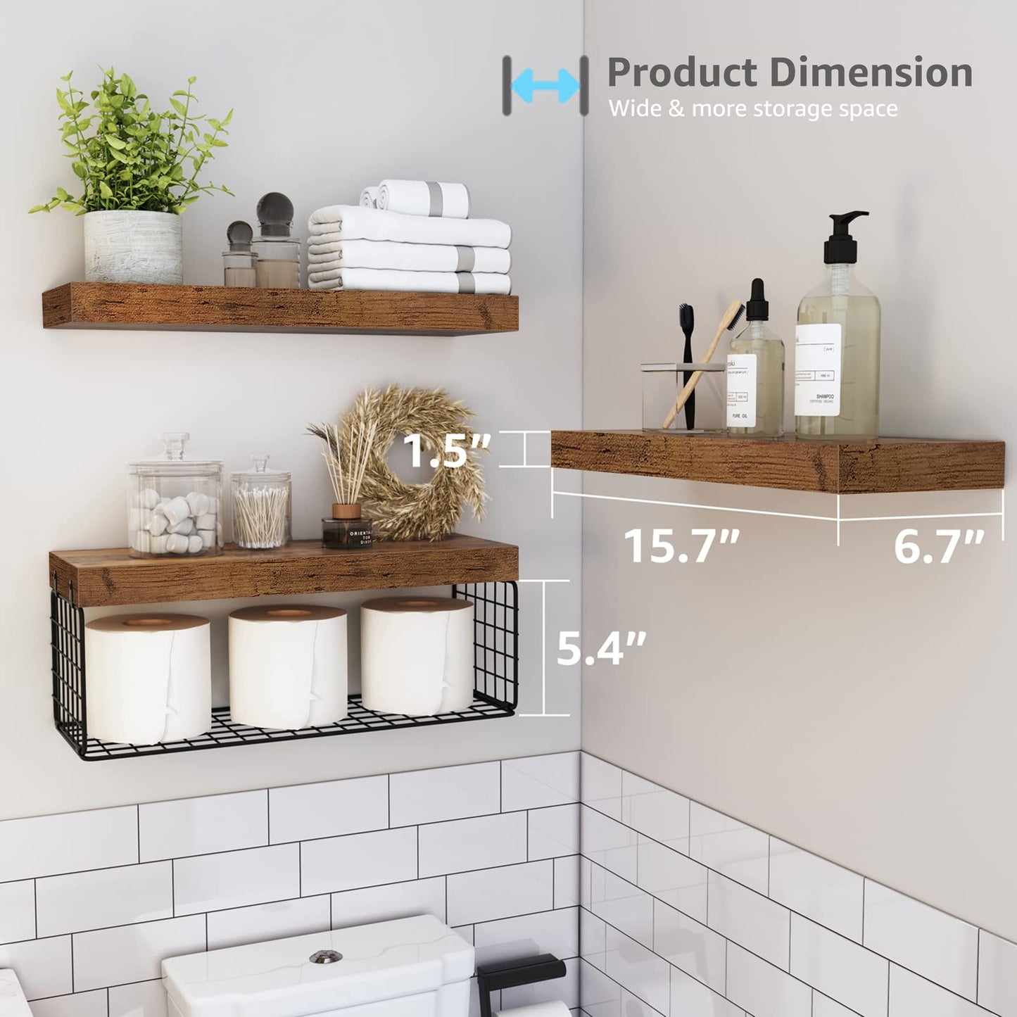 QEEIG Bathroom Shelves Over Toilet - Wall Mounted Floating Shelves Toilet Paper Storage Small Farmhouse Decor Shelf 16 inch Set of 3, Rustic Brown (019-BN3)