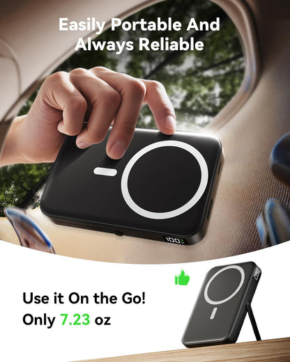 LENUTO for Magsafe Battery Pack 10000mAh Power Bank with Foldable Stand Portable Charger, PD 22.5W Fast Charge, Dual USB-C & USB-A Outputs, Wireless Charger for iPhone 16/15/14/13/12 Series–Black