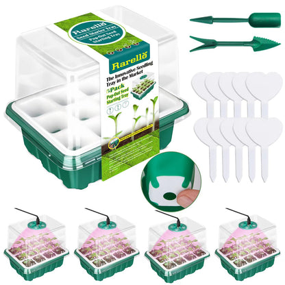 Rarello 5 Packs Seed Starter Tray with Grow Light, Reusable Pop-Out Seed Starter Kit, 60 Cells With Humidity Domes, Indoor Gardening Plant Germination Trays for Seeds