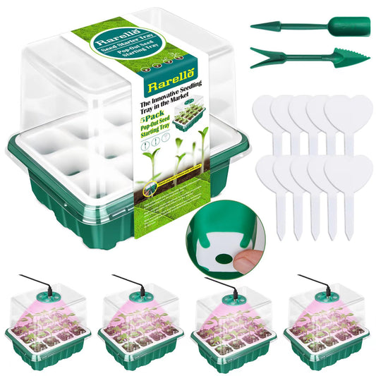 Rarello 5 Packs Seed Starter Tray with Grow Light, Reusable Pop-Out Seed Starter Kit, 60 Cells With Humidity Domes, Indoor Gardening Plant Germination Trays for Seeds