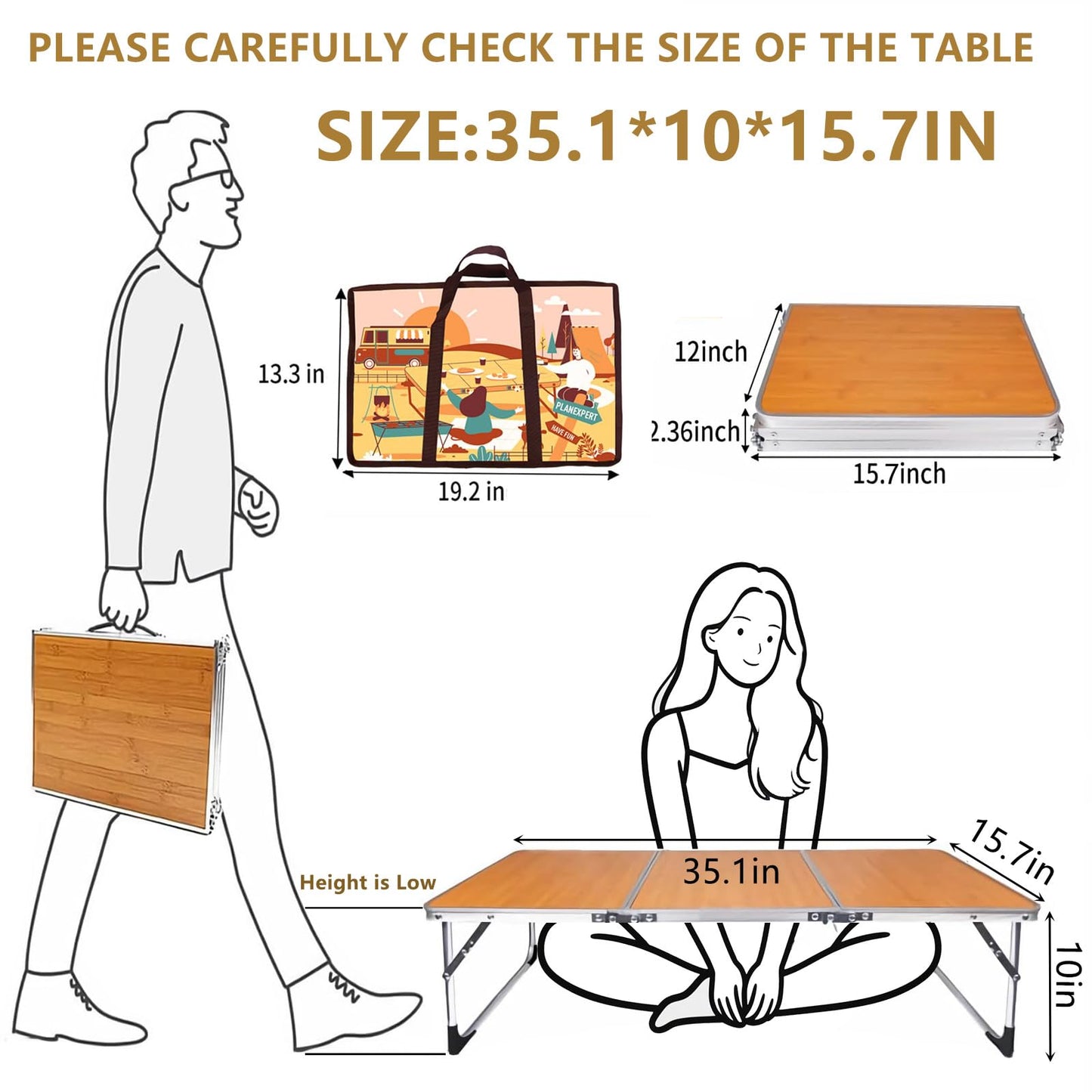 PLANEXPERT Folding Camping Table,3 Feet Portable Outdoor Table with Aluminum Legs,3 Fold Lightweight Beach Table with Handle,Camping Accessories for Home Picnic BBQ Garden Cooking