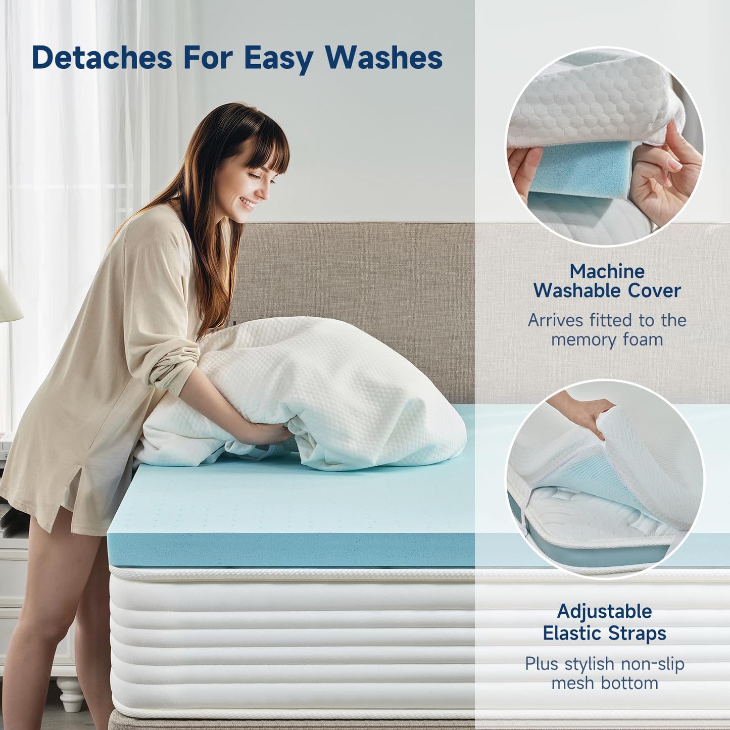 3 Inch Queen Memory Foam Mattress Topper, Cooling Gel Bed Topper with Premium Removable Skin-Friendly Non-Slip Cover, High Density Ventilated Mattress Pad CertiPUR-US & Oeko-Tex Certified, White