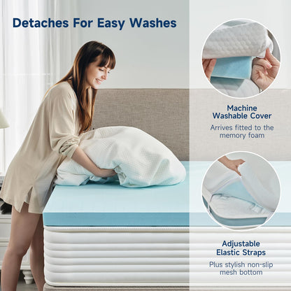 3 Inch Queen Memory Foam Mattress Topper, Cooling Gel Bed Topper with Premium Removable Skin-Friendly Non-Slip Cover, High Density Ventilated Mattress Pad CertiPUR-US & Oeko-Tex Certified, White