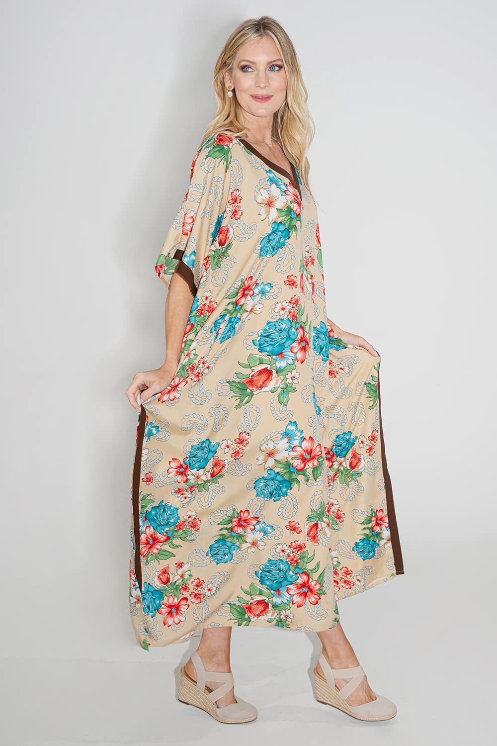 Miss Lavish London Womens Kaftan Tunic Kimono Dress Ladies Summer Evening Maxi Party One Size Fits 10-24 (One Size, 115-Brown)