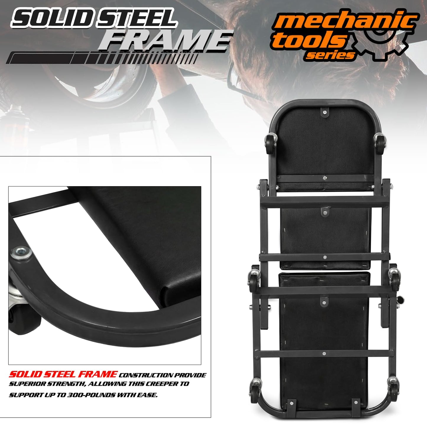 M-AUTO Foldable Z Creeper 2-in-1 Rolling Folding Car Creeper & Seat, 36" Adjustable Roller Garage Chair Lay Down or Sit, 330LBS Capacity Under Car Roller Creeper with 6 Swivel Casters, Black