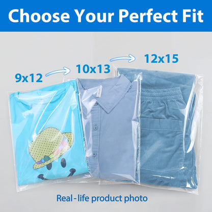 PigPotParty 12" x 15" Clear Plastic T-Shirt Bags with Clothing Size Stickers, 100 Pcs Cellophane Shirt Sleeves Packaging Bags for Small Business, Thick, Self-adhesive & Resealable