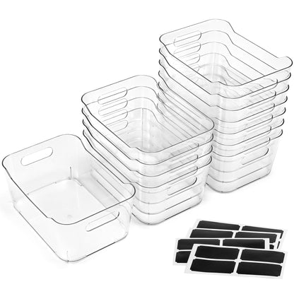 12 PACK Multi-Use Clear Plastic Storage Bins for Organizing w/ Labels - Home, Kitchen, Bathroom, Office, Pantry Cabinet Shelf Organizer Bins - SOHO Collection, RV, Fridge Organization Containers