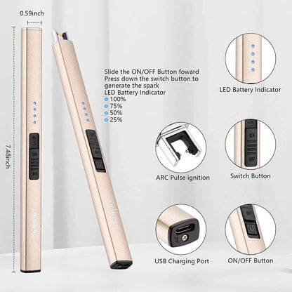MEIRUBY Lighter Electric Candle Lighter Long Electronic Rechargeable USB Arc Windproof Flameless Lighters for Candle Camping BBQ Birthday Women's Day Gifts for Women Mom Wife Men, Gold
