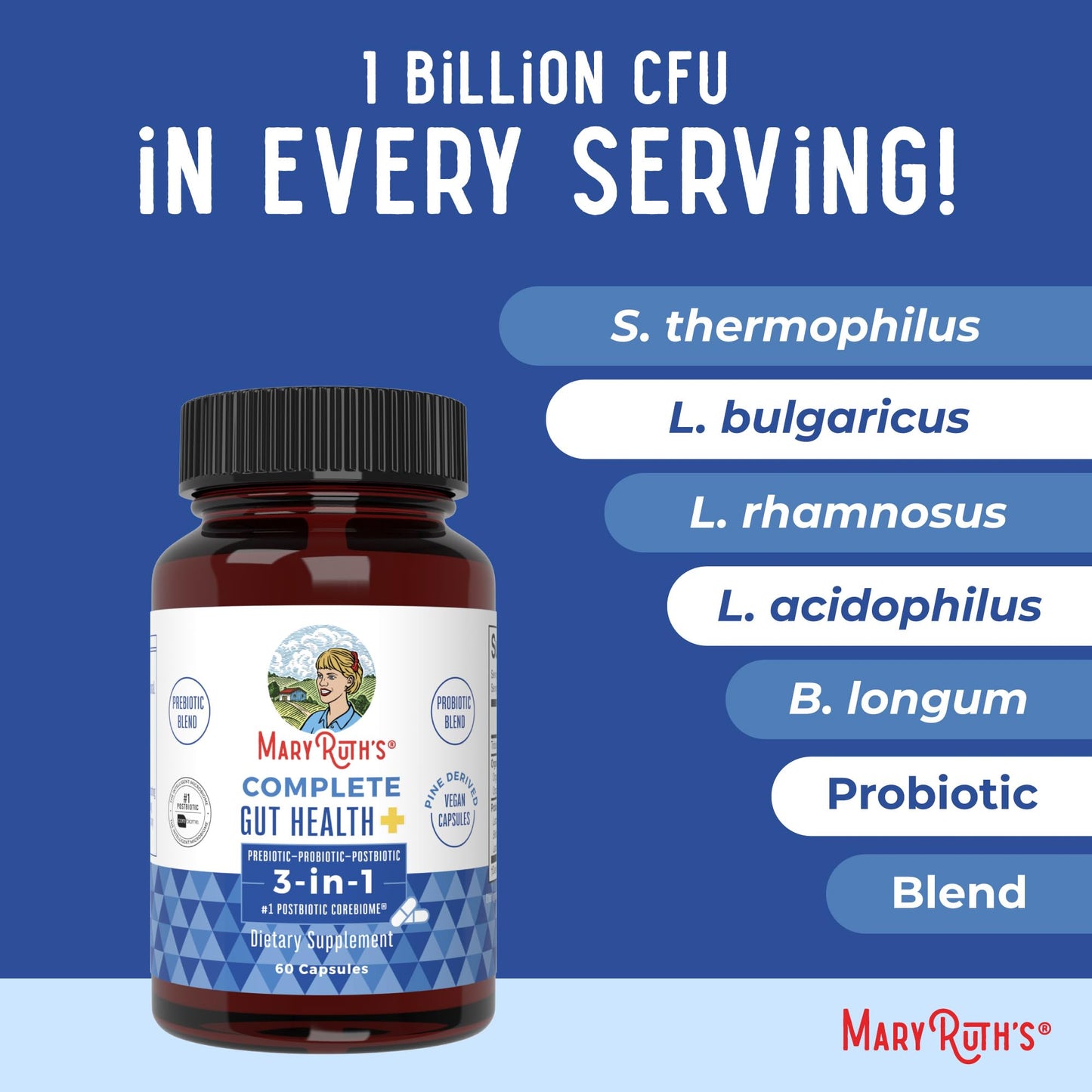 MaryRuth's Complete Gut Health+ Capsules | 5 Probiotic Blend | Butyrate | Corebiome® | Vegan Gut Support | Support Gastrointestinal Health & Microbiome | 2 Capsules Daily | 30 Servings