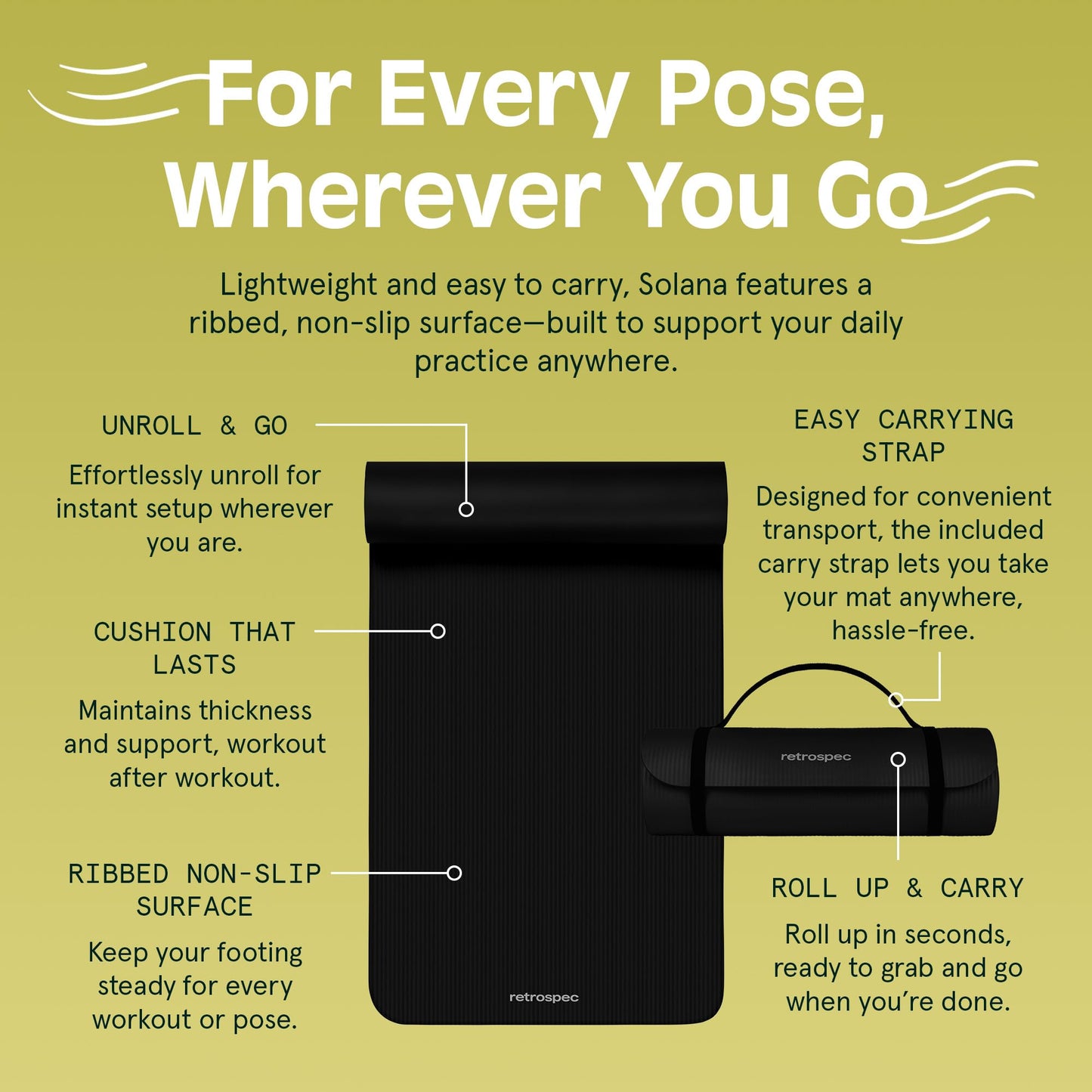 Retrospec Solana Yoga Mat 1" Thick w/Nylon Strap for Men & Women - Non Slip Exercise Mat for Home Yoga, Pilates, Stretching, Floor & Fitness Workouts - Black