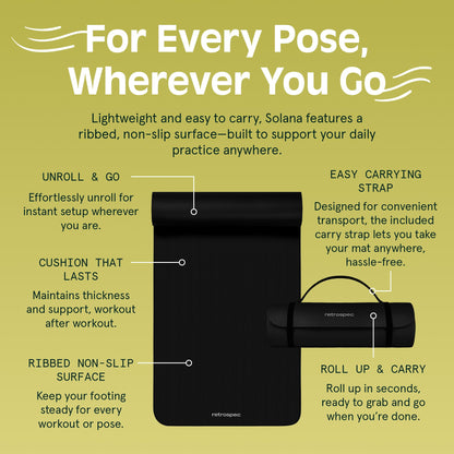 Retrospec Solana Yoga Mat 1" Thick w/Nylon Strap for Men & Women - Non Slip Exercise Mat for Home Yoga, Pilates, Stretching, Floor & Fitness Workouts - Black