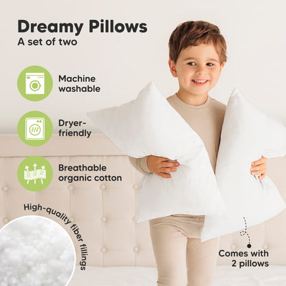 KeaBabies 2-Pack Toddler Pillow 13x18 - Soft Organic Cotton Kids Travel Bed Pillows for Sleeping, School, Nap, Machine Washable, Toddlers 2 to 5, Pillowcase Sold Separately (Soft White)