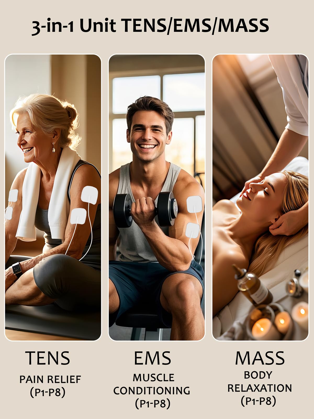 24 Modes TENS EMS Unit for Pain Relief, Muscle Stimulator Machine with 8 Reusable Electrode Pads - FDA Cleared 3-in-1 Device, 40 Intensity Levels, 90 Min Timer, Back/Neck/Knee Therapy, Pulse 2-150Hz