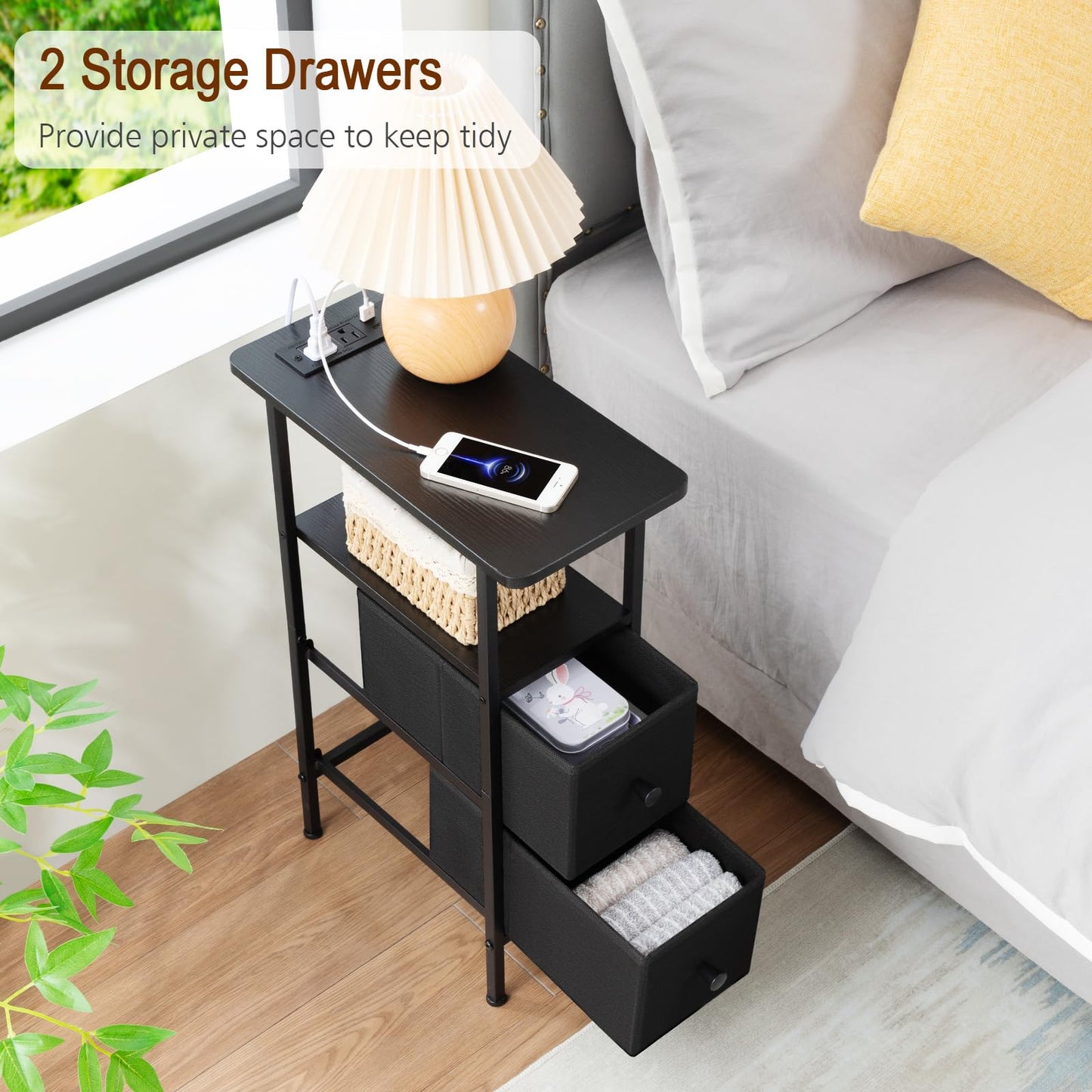 LOAKEKEL Narrow End Table Living Room with Charging Station, Skinny Side Table with Fabric Drawers, Slim Nightstand for Bedroom, Small Spaces, Couch, Black, HETNDP02BK-1