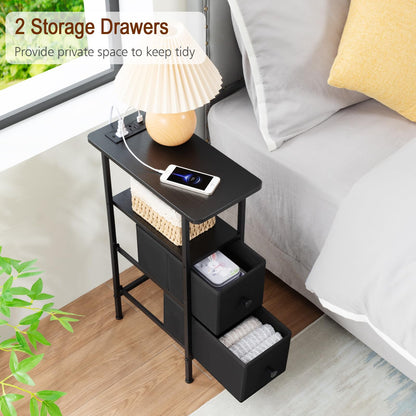 LOAKEKEL Narrow End Table Living Room with Charging Station, Skinny Side Table with Fabric Drawers, Slim Nightstand for Bedroom, Small Spaces, Couch, Black, HETNDP02BK-1