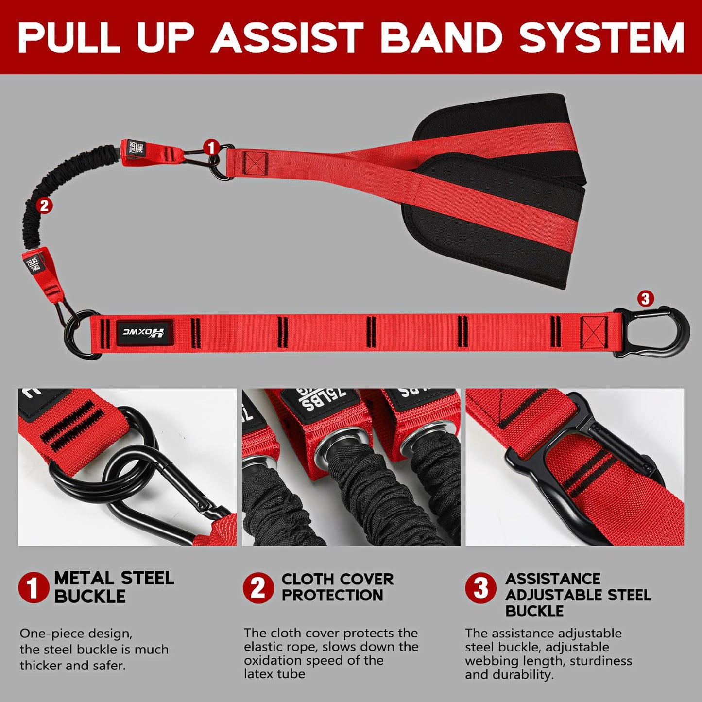 HOXWC Pull Up Assistance Bands, Heavy-Duty Pull Up Bands Set for Men & Women, Height Adjustable Strap & Comfortable Foot Strap, Pull Up Assist Straps for Body Stretching, Muscle Training