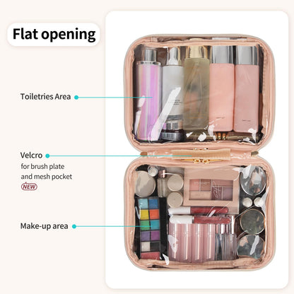 OCHEAL Makeup Bag, Make up Travel Bag Large Capacity Waterproof Cosmetic Organizer Bag with Makeup Brush Compartment & Handle for Women Girls Travel Toiletry Accessories-Beige