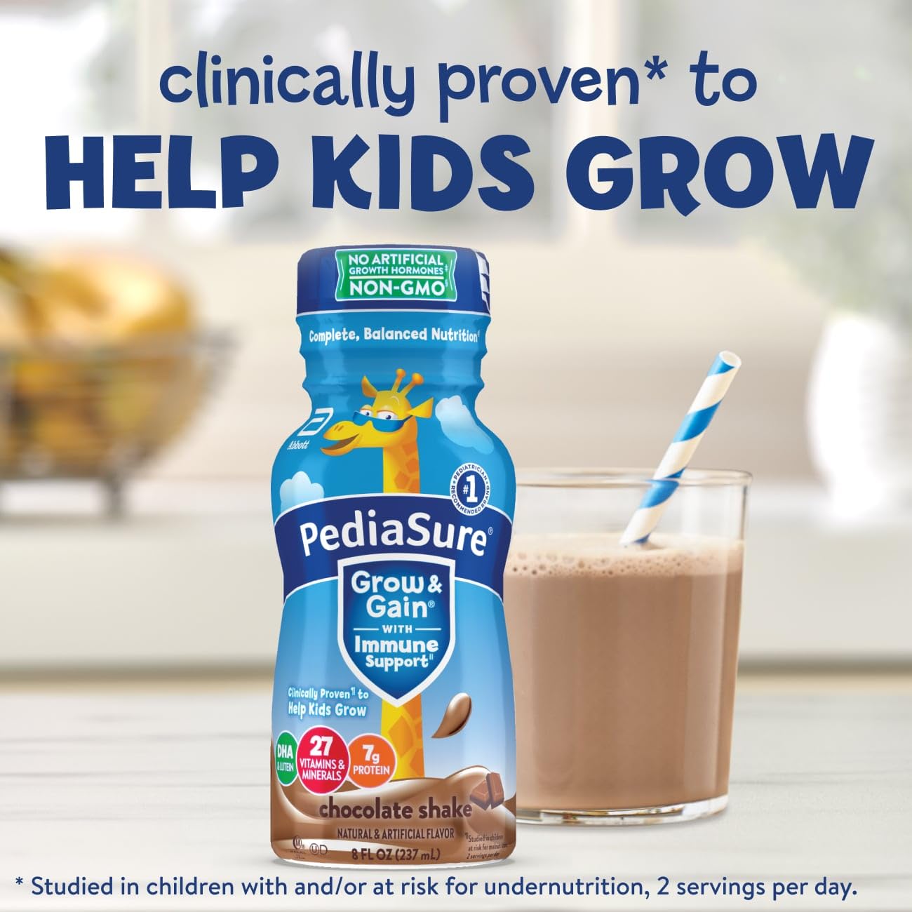 PediaSure Grow & Gain with Immune Support, 27 Vitamins & Minerals for Kids, 7g Protein, Non-GMO, Gluten-Free, Chocolate, 8-fl-oz Bottle, Pack of 24