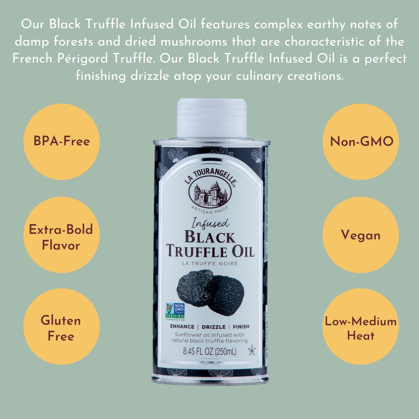 La Tourangelle, Black Truffle Oil, Complex Gourmet Earthy Flavor for Drizzling over Pasta, Popcorn, Vegetables, Potatoes, Soup and More, 8.45 Fl Oz