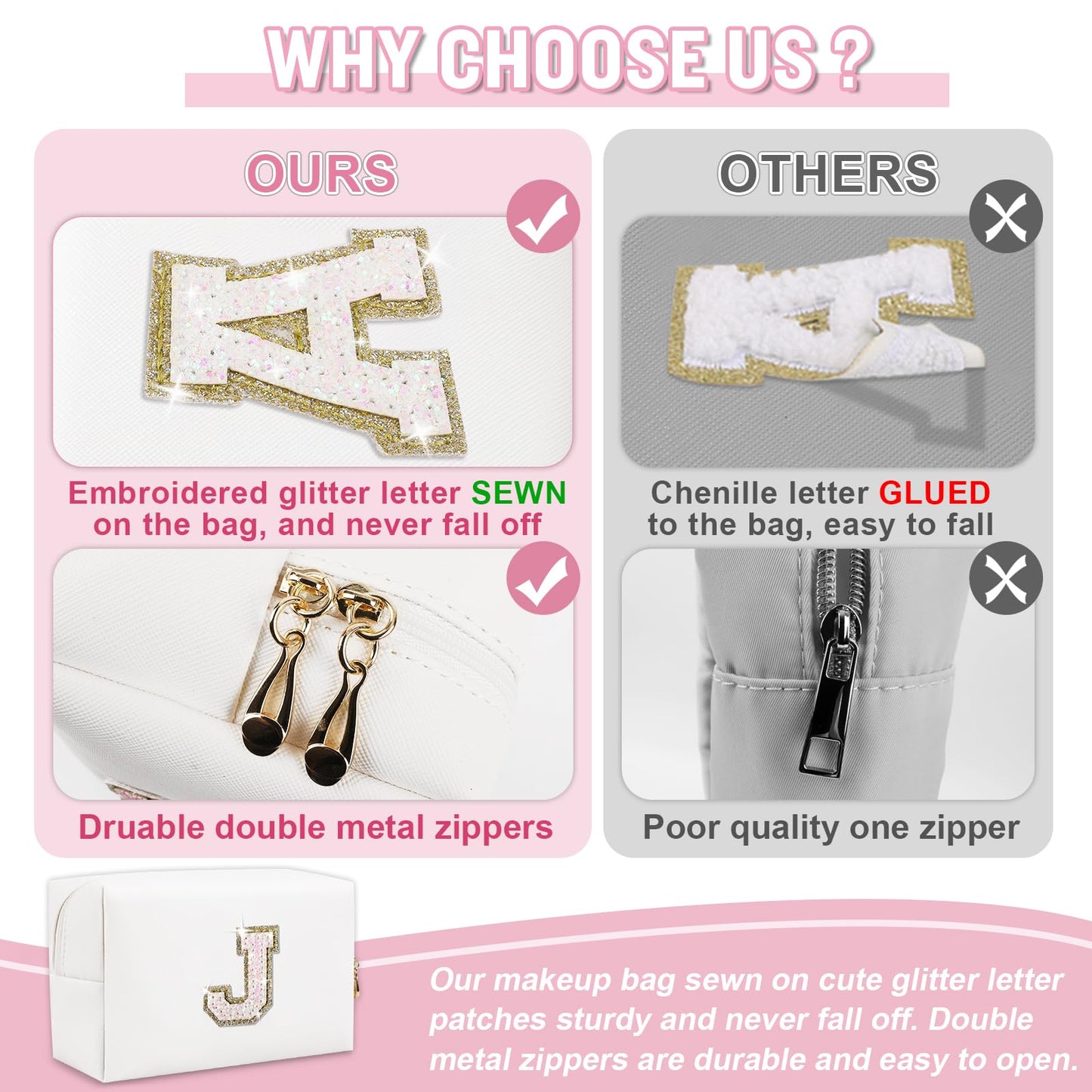 Personalized Initial A-Z Preppy Patch Makeup Bag, Small White PU Leather Cute Glitter Letter Cosmetic Bag with Zipper, Monogram Travel Toiletry Organizer Makeup Case Christmas Gifts for Women Girls,J