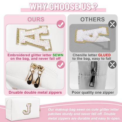 Personalized Initial A-Z Preppy Patch Makeup Bag, Small White PU Leather Cute Glitter Letter Cosmetic Bag with Zipper, Monogram Travel Toiletry Organizer Makeup Case Christmas Gifts for Women Girls,J