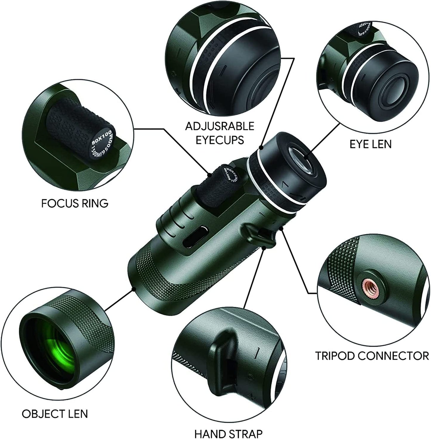 Monocular-Telescope 80x100 High Definition for Adults High Powered with Smartphone Adapter Telescope Hunting Wildlife Bird Watching Travel Camping Hiking-Green-1