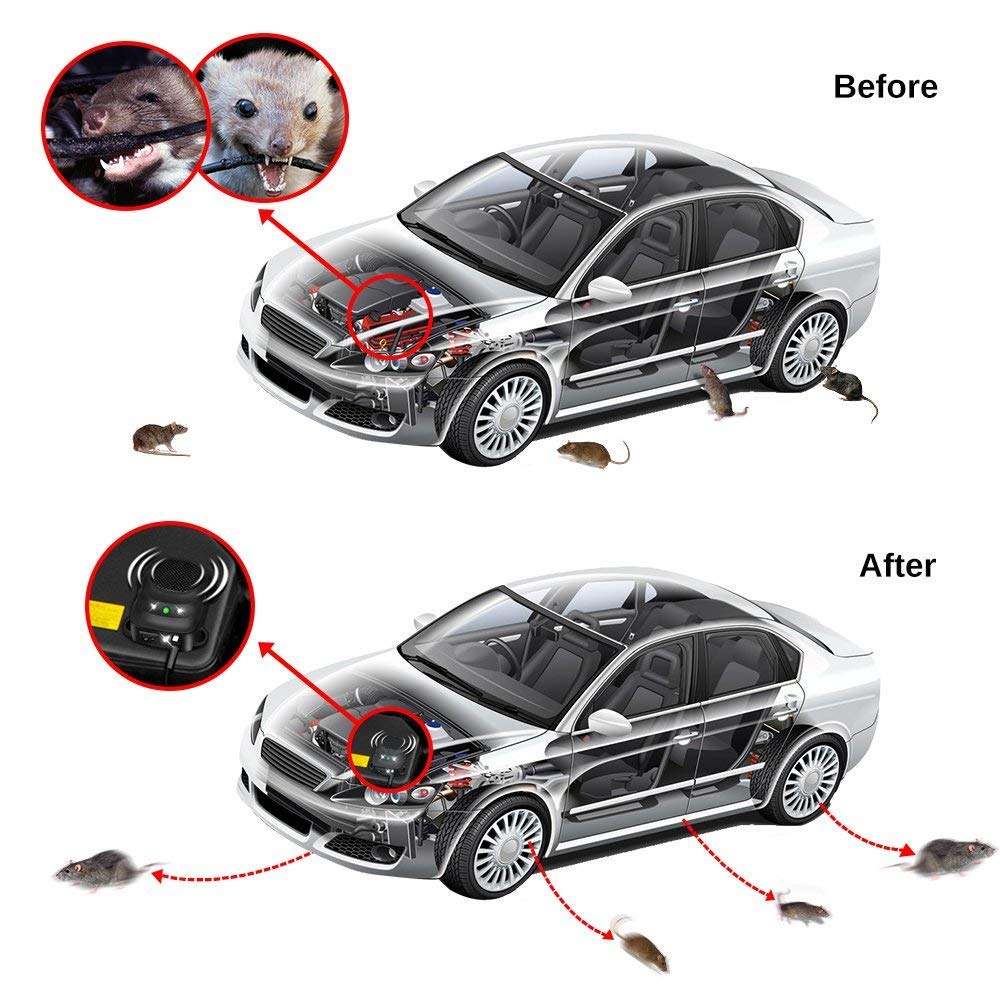 Loraffe Under Hood Rodent Repellent for Car Engines, 12V 24V Ultrasonic Mouse Deterrent with LED Strobe Lights – Mice and Rat Repeller for Truck, RV, Vehicle Engine Protection, Pack of 2
