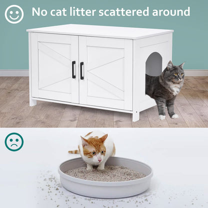 Homhedy Cat Litter Box Enclosure, Wooden Cat Washroom Furniture with Barn Door, Pet House, Fit Most of Litter Box, White