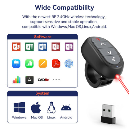 Presentation Clicker Wireless Presenter Remote: USB Rechargeable Finger Ring Clicker for PowerPoint Presentations, PowerPoint Clicker with Laser Pointer, Multi-OS Compatible