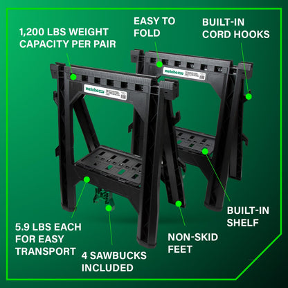Metabo HPT Folding Sawhorses, 2-Pack, Lightweight Design, 1,200 lbs Capacity, Includes 4 Sawbucks, Ideal for Extra Workstations, Non-Skid Feet for Stability, Built-In Shelf and Cord Hooks, 115445M
