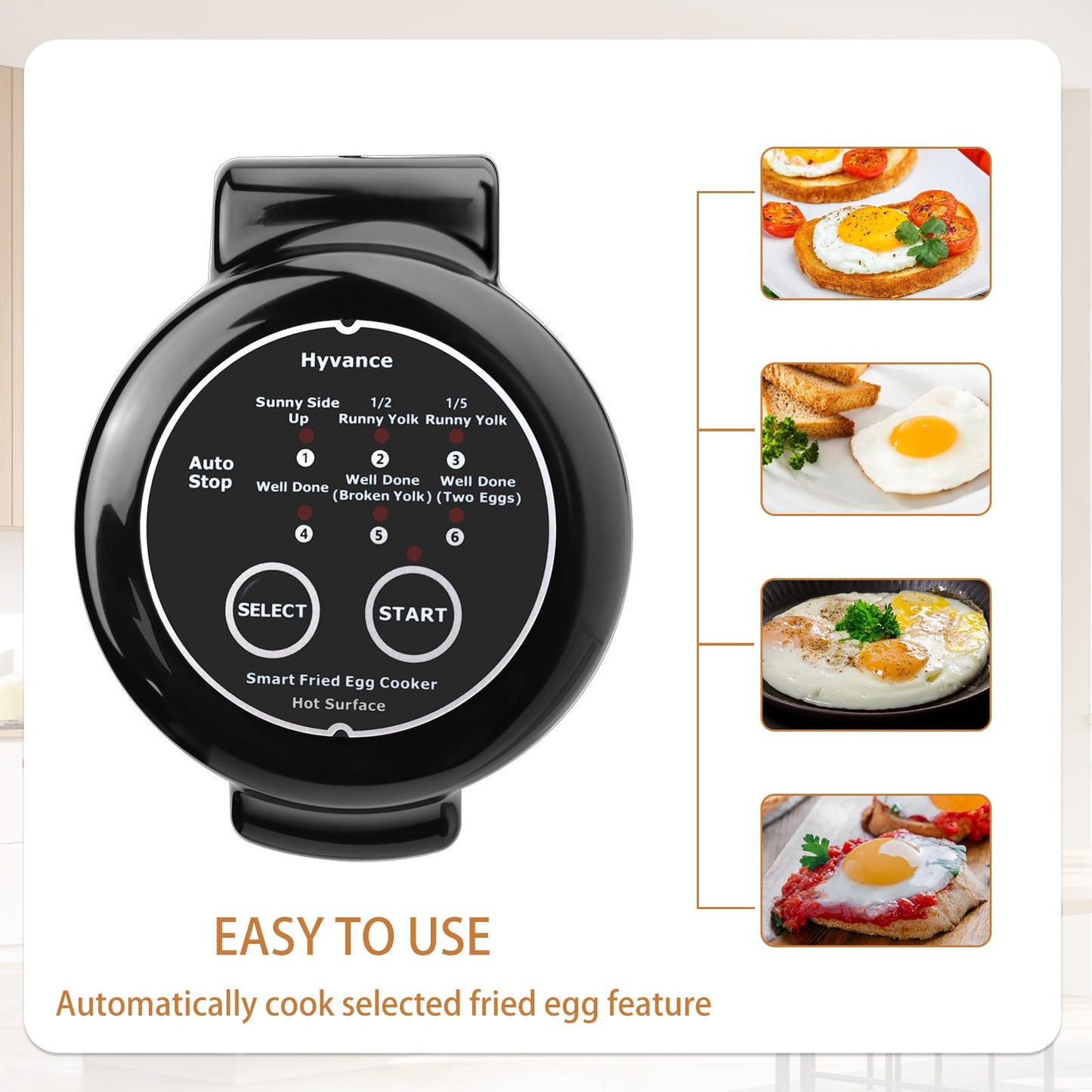 Hyvance Smart Fried Egg Cooker, Automatic Fried Egg Maker for 6 Features like Sunny Side Up, Over Easy, Fully Cooked & More. Auto Power Off, Alarm, Round Shape, Non Stick Coating (Black)