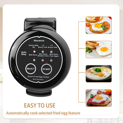 Hyvance Smart Fried Egg Cooker, Automatic Fried Egg Maker for 6 Features like Sunny Side Up, Over Easy, Fully Cooked & More. Auto Power Off, Alarm, Round Shape, Non Stick Coating (Black)
